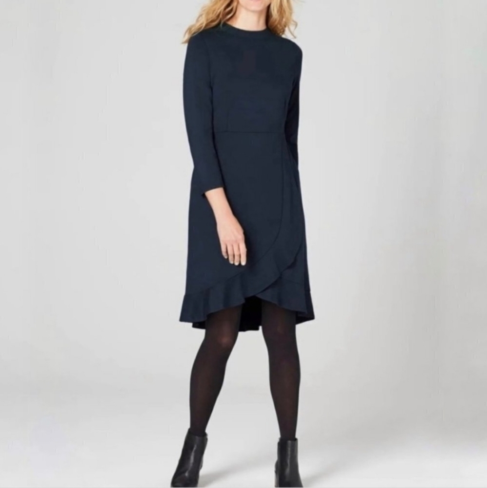 J Jill‎ Navy Blue Ponte Ruffle Wrap Dress Size Medium Petite MP